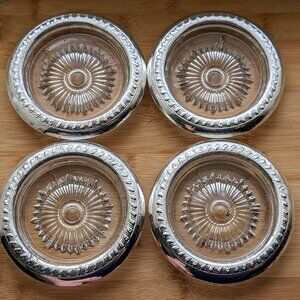 Vintage Set Of 4 Sterling Silver Crystal Sunburst Design Drink Coaster Plate #1
